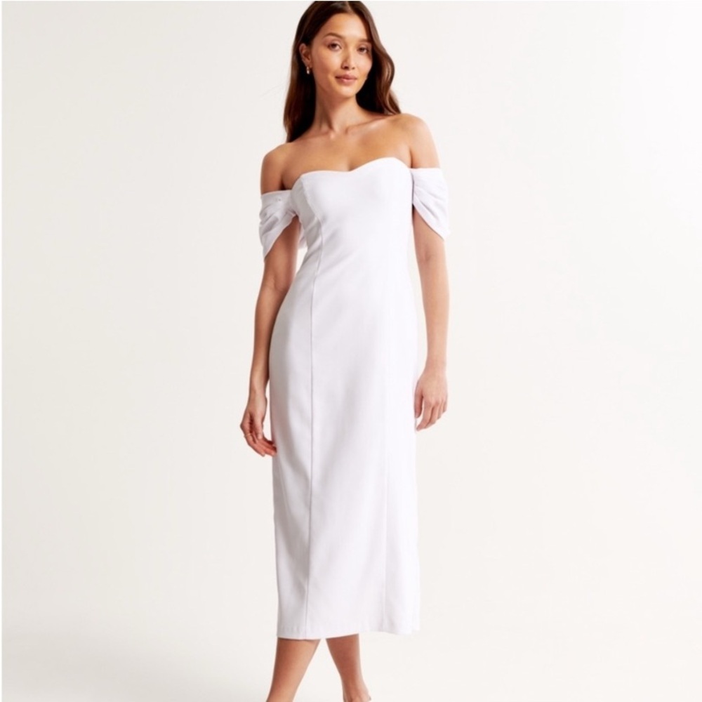 Abercrombie & Fitch Clean Off-Shoulder White Sheath Midi Dress